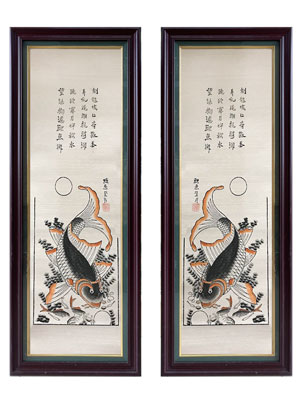 Đôi tranh cá chép đông hồ Lý Ngư Vọng Nguyệt 40cm x 110cm - CTK003